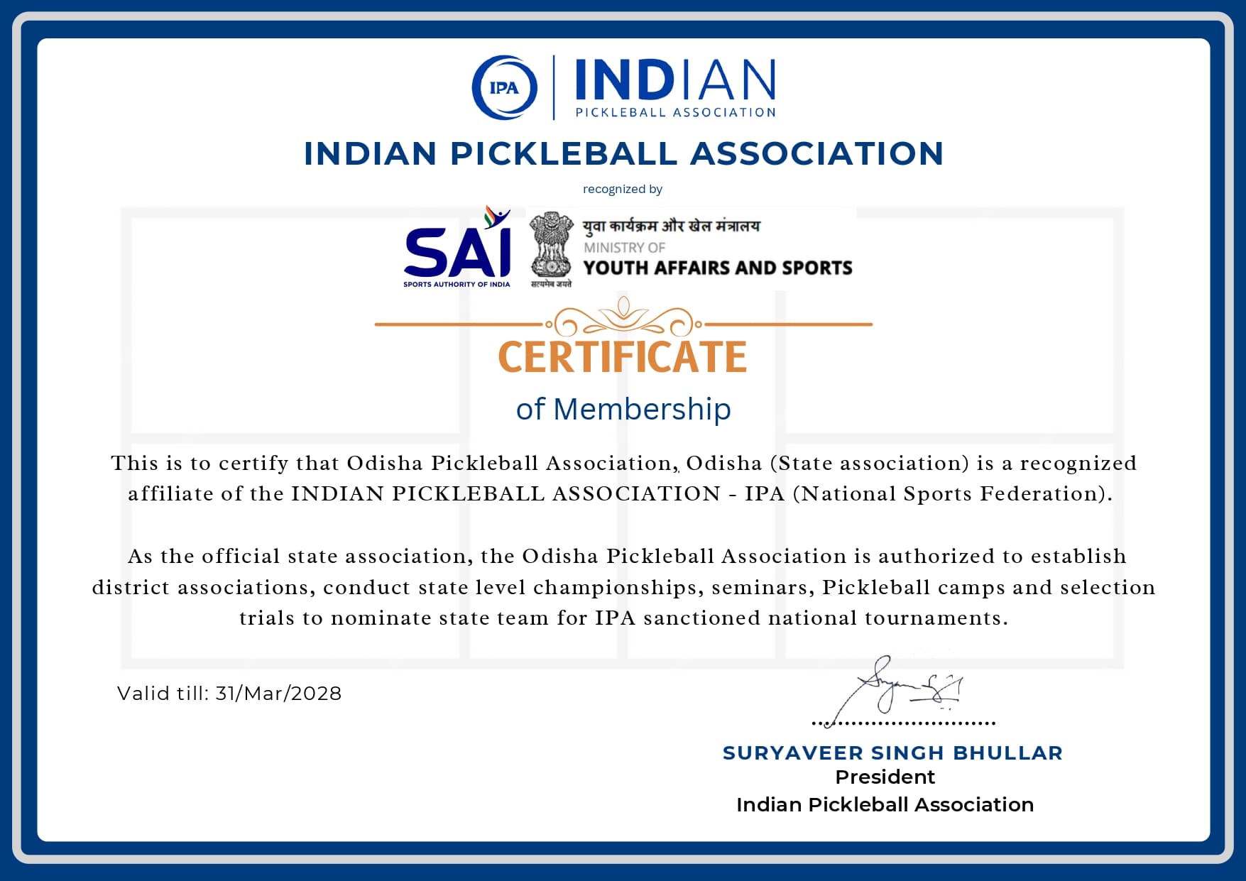 Indian Pickleball Association Affiliation Certificate